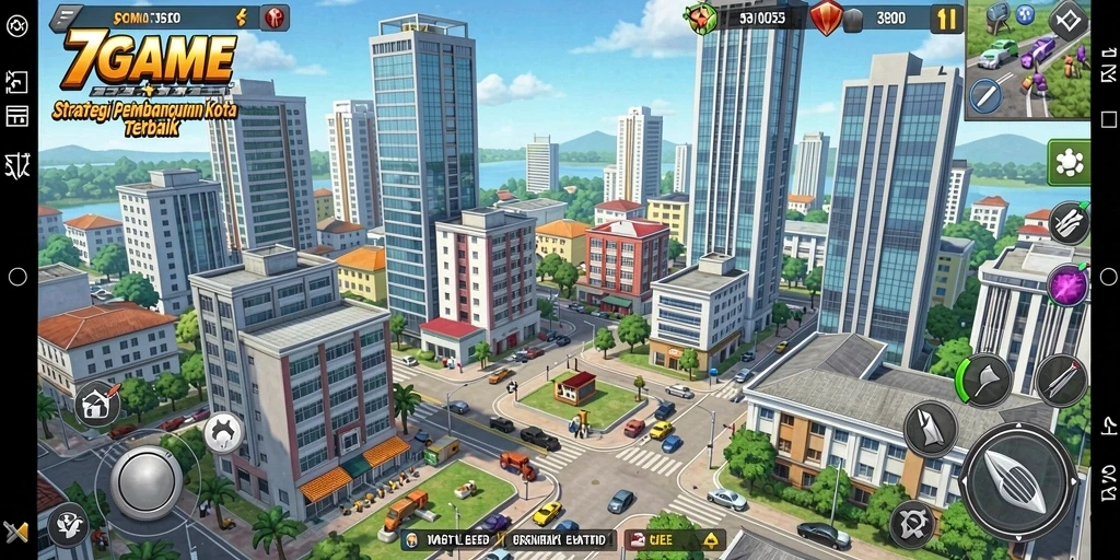 Tangkapan layar gameplay <strong>7GAME</strong> menunjukkan pembangunan kota yang dinamis.