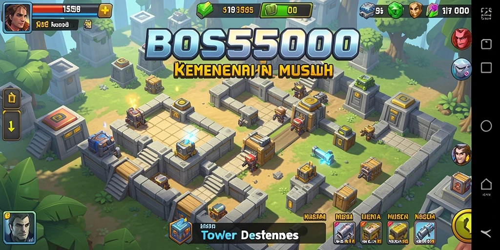 Gameplay menara pertahanan yang intens dan strategis dalam BOS5000.