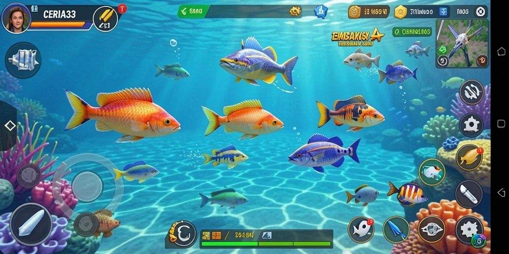 Screenshot CERIA33 menampilkan aksi seru menangkap ikan dalam permainan.