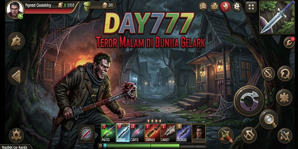 Screenshot utama DAY777 menampilkan suasana gelap dan mencekam.