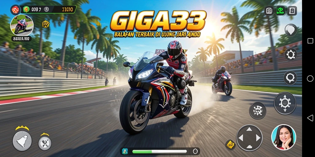 Screenshot GIGA33 menampilkan balapan motor yang seru dan intens.