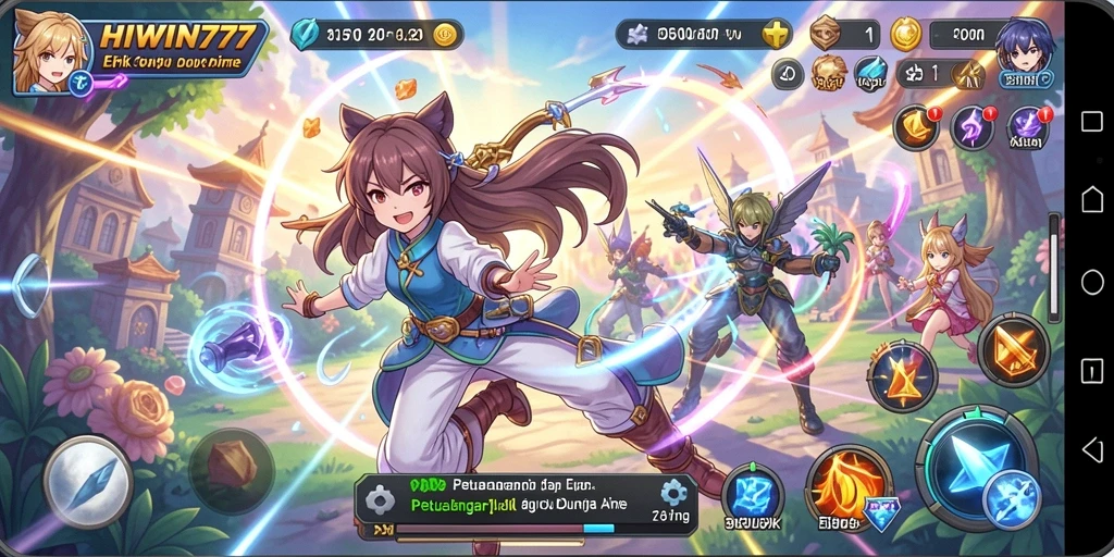 Tampilan gameplay HIWIN777 yang penuh aksi dan karakter anime.