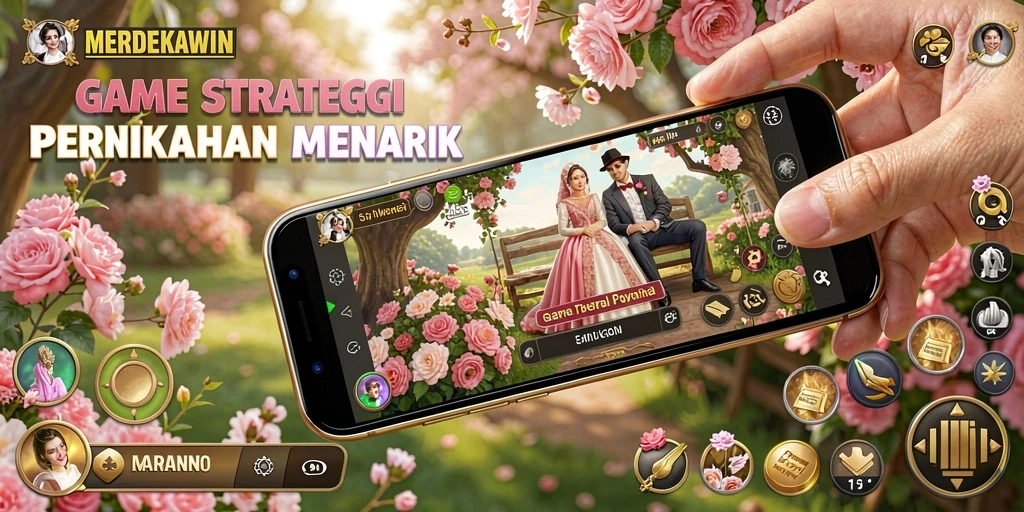 Tampilan gameplay menarik dari MERDEKAWIN yang menampilkan pernikahan indah.