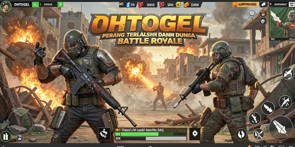 Screenshot gameplay OHTOGEL menampilkan pertempuran intense di arena Battle Royale.