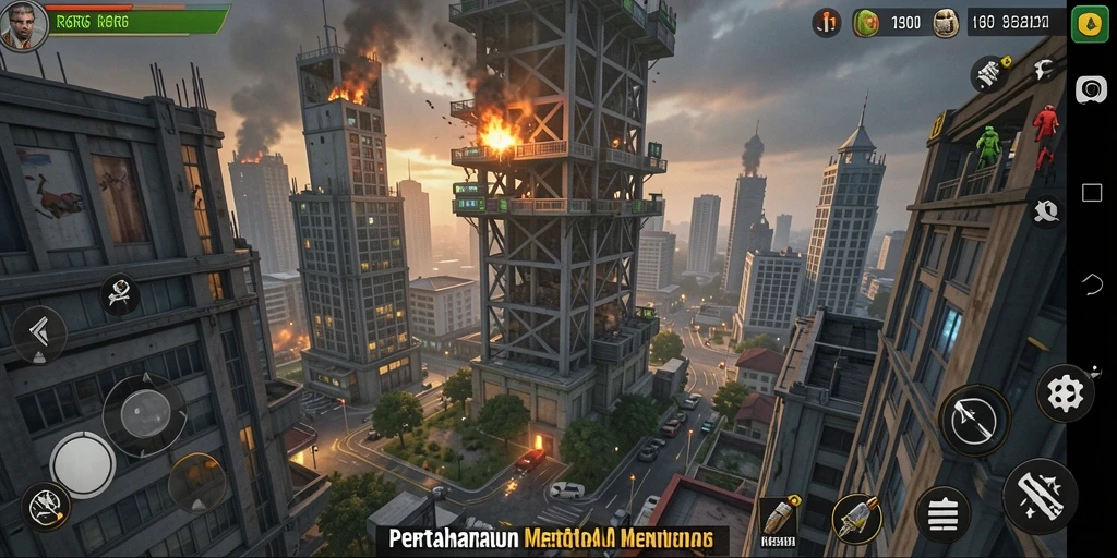 Screenshot gameplay <strong>R6R6</strong> menampilkan aksi menara bertahan dengan serangan musuh yang intens.