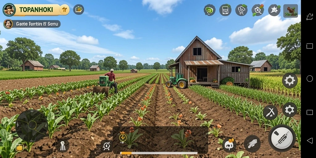 Tampilan gameplay TOPANHOKI yang menampilkan keindahan kebun dan hewan ternak.